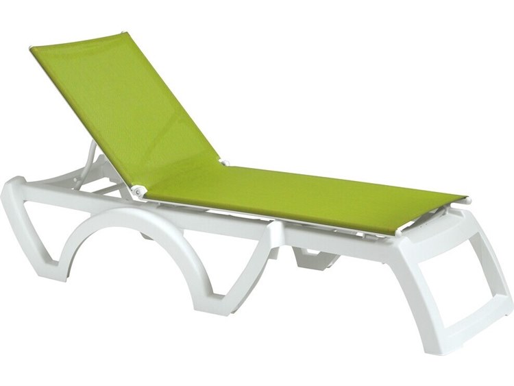 Grosfillex Jamaica Beach Sling Resin White Adjustable Chaise Lounge in Fern Green
