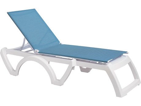 Grosfillex Jamaica Beach Sling Resin White Adjustable Chaise Lounge in Sky Blue