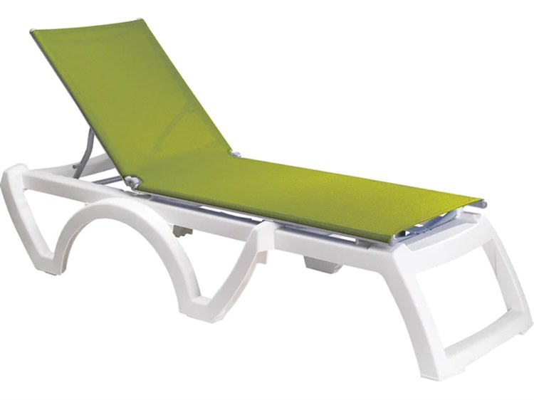 Grosfillex Jamaica Beach Sling Resin White Adjustable Patio Chaise Lounge in Fern Green