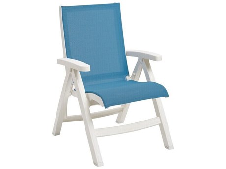 Grosfillex Jamaica Beach Sling Resin White Midback Folding Lounge Chair in Sky Blue