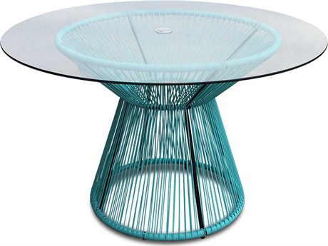 Harmonia Living Closeouts Acapulco Steel Woven Strap 48'' Round Glass Top Coffee table with Umbrella Hole