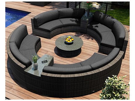 Harmonia Living District HDPE Wicker Textured Slate 7 Piece Curve Sectional Lounge Set