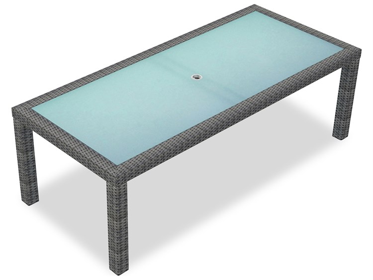 Harmonia Living District Wicker Rectangular Glass Top Dining table with Umbrella Hole