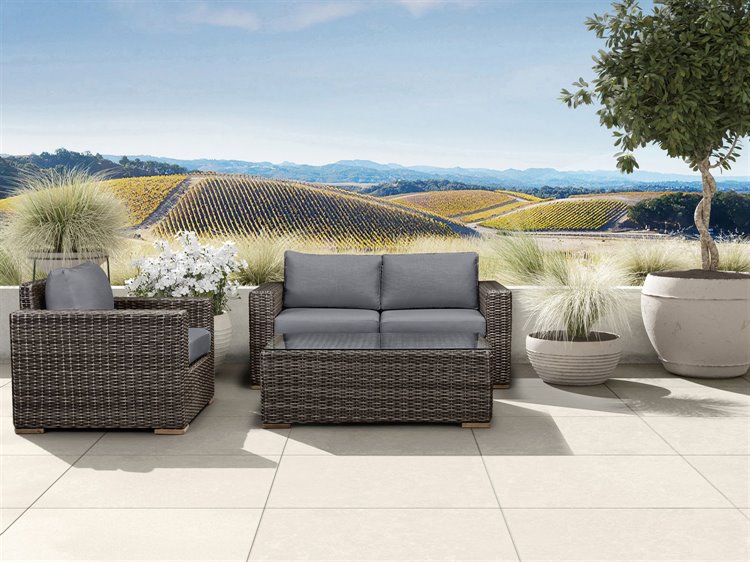 Harmonia Living Dune HDPE Wicker Driftwood 3 Piece Loveseat Outdoor Patio Lounge Set