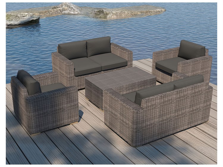 Harmonia Living Dune HDPE Wicker Driftwood 5 Piece Double Loveseat Outdoor Patio Lounge Set
