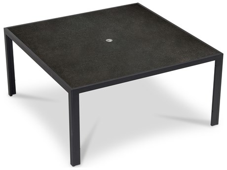 Harmonia Living Staple Aluminum 61'' Square Glass Top Dining table with Umbrella Hole