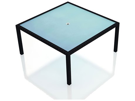 Harmonia Living Urbana Wicker 59'' Frosted Glass Top Dining table with Umbrella Hole