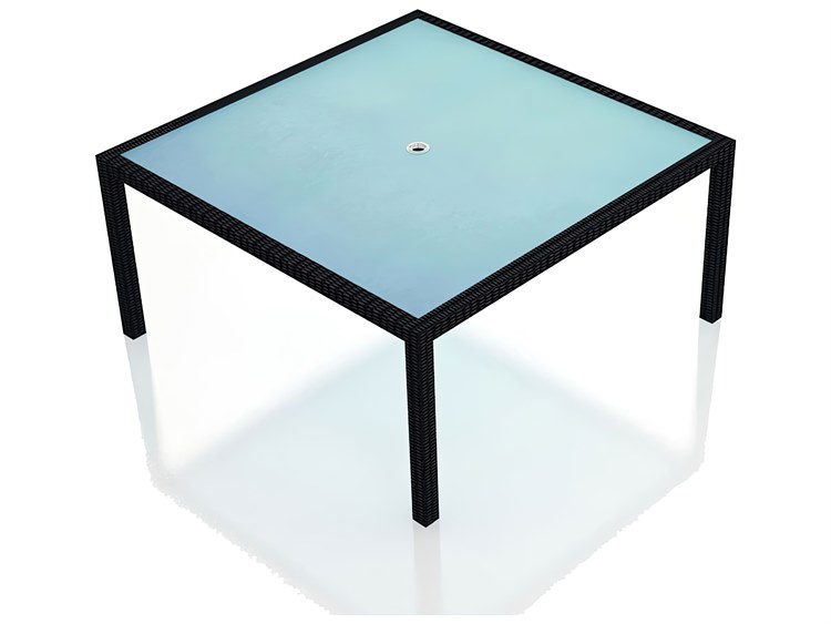 Harmonia Living Urbana Wicker 59'' Frosted Glass Top Dining table with Umbrella Hole