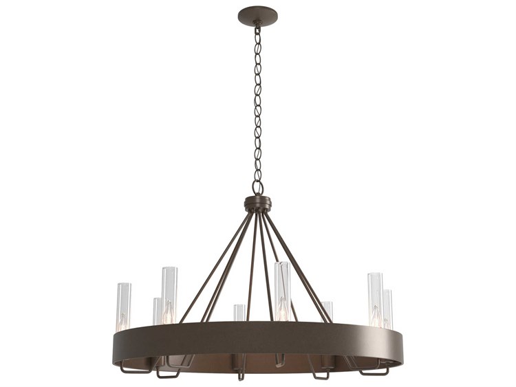 Hubbardton Forge Banded 8-Light Bronze Glass Candelabra Cylinder Round Chandelier