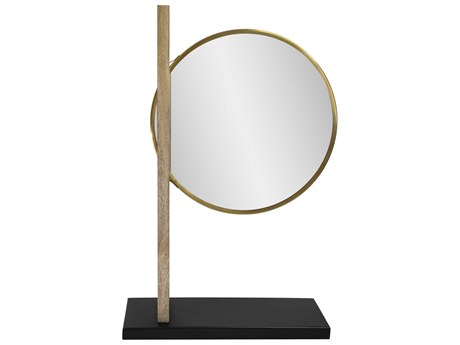 Howard Elliott Skoda Brass Black Brown Round Table Top Mirror