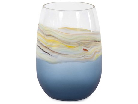 Howard Elliott Cyprus Blue Amber Wide Mouth Hand Blown Glass Vase