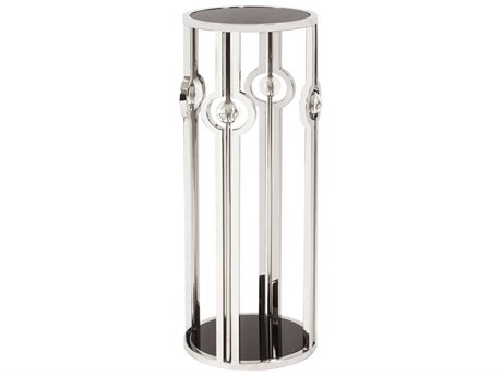 Howard Elliott Pedestal Round Stainless Steel Black Glass End Table