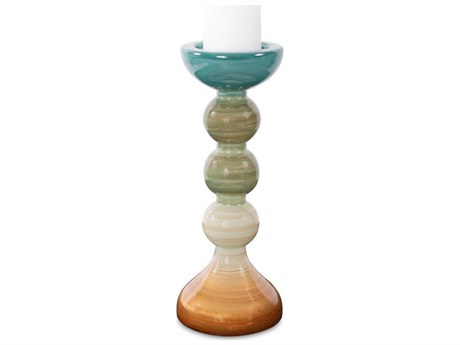 Howard Elliott Capri Teal Green Brown Stripe Glass Candle Holder
