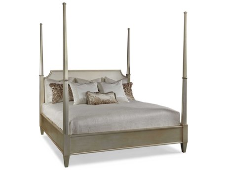 Hickory White Innovation Platinum Gray Cherry Wood Upholstered King Four Poster Bed