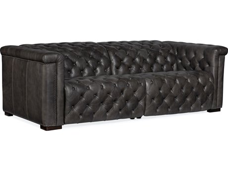 Hooker Furniture Savion Tufted Bellagio Gravel Dark Wood Gray Leather Sofa with Power Recliner and Headrest