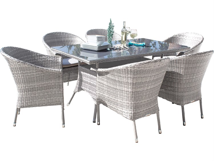 Hospitality Rattan Outdoor Athens Whitewash Woven 7 Piece Dining Set with Cushions