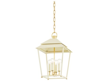 Hudson Valley Natick 4-Light Aged Brass White Candelabra Lantern Chandelier