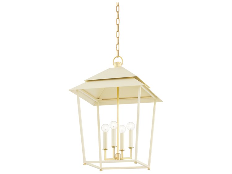 Photos - Chandelier / Lamp Hudson Valley Natick 4-Light Aged Brass White Candelabra Lantern Chandelier 5127-AGB/SSD