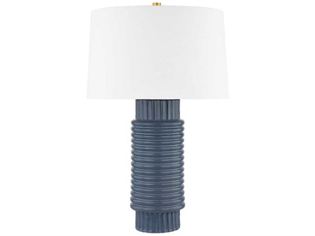 Hudson Valley Broderick Aged Brass Grey Blue Reactive Ceramic White Linen Buffet Lamp