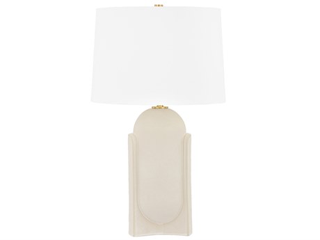 Hudson Valley Leeston Aged Brass Ceramic Moonstone Sand White Linen Off Buffet Lamp