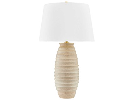 Hudson Valley Haddam Aged Brass Ceramic Textured Fawn White Linen Brown Buffet Lamp