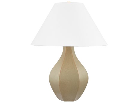 Hudson Valley Abescon Aged Brass Ceramic Cocoon White Linen Brown Buffet Lamp