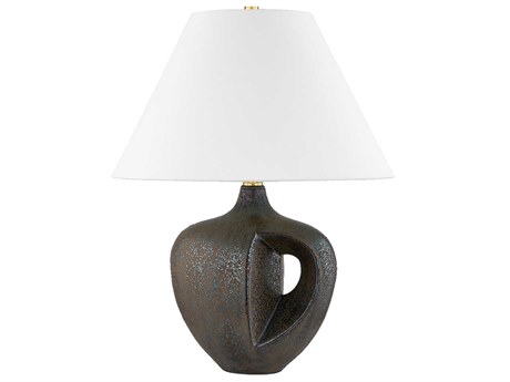 Hudson Valley Avenel Aged Brass Ceramic Reactive Bronze White Linen Table Lamp