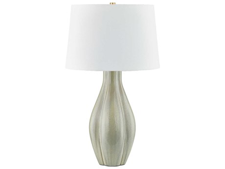 Hudson Valley Galloway Aged Brass Ceramic Coastal Green White Linen Buffet Lamp