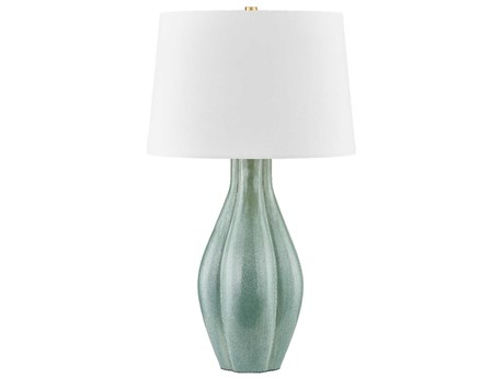 Hudson Valley Galloway Aged Brass Ceramic Moss Ivory White Linen Green Buffet Lamp