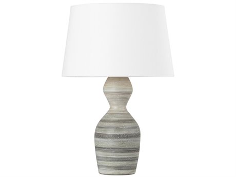 Hudson Valley Nahant Vintage Gold Leaf Ceramic White Dune Linen Gray Buffet Lamp