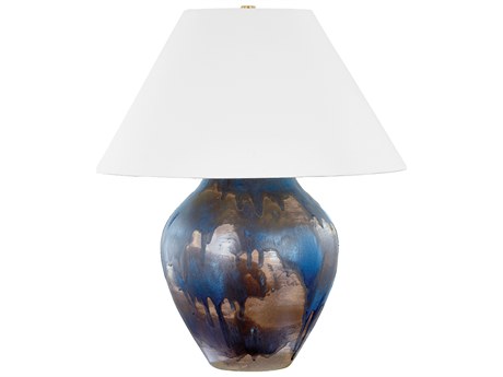 Hudson Valley Pleasantville Aged Brass Ceramic Silt Blue White Linen Buffet Lamp