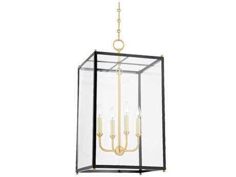 Hudson Valley Chaselton 4-Light Aged Brass Black Glass Lantern Pendant