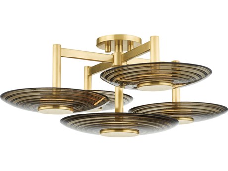 Hudson Valley Griston 5-Light Aged Brass Glass LED Round Semi Flush Mount