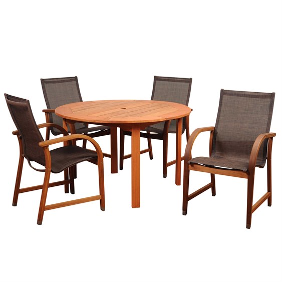 International Home Miami Amazonia Bahamas 5 Piece Eucalyptus Round Dining Set with Brown Sling Chair