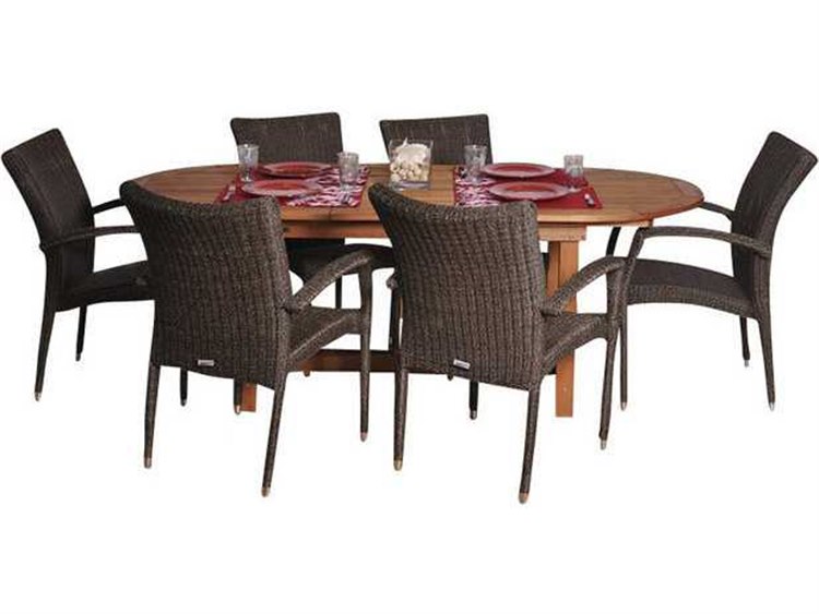 International Home Miami Amazonia Eucalyptus & Wicker Oval Seven Piece Extendable Lemans Deluxe Dining Set