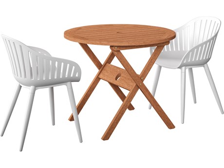 International Home Miami Amazonia Ricard Eucalyptus 3 Piece Outdoor Round Dining Set with White Aluminum Chairs