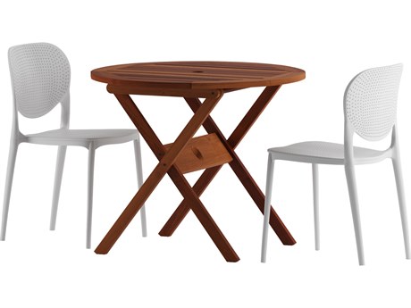 International Home Miami Amazonia Ricard Eucalyptus 3 Piece Outdoor Round Dining Set with White Plastic Chairs