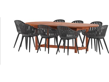 International Home Miami Amazonia Hungaroring Eucalyptus 9 Piece Outdoor Oval Extendable Dining Set with Black Aluminum Chairs