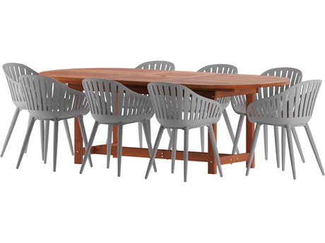 International Home Miami Amazonia Hungaroring Eucalyptus 9 Piece Outdoor Oval Extendable Dining Set with Grey Aluminum Chairs