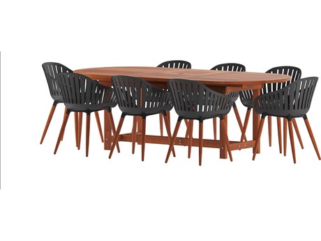 International Home Miami Amazonia Hungaroring Eucalyptus 9 Piece Outdoor Oval Extendable Dining Set with Black Chairs