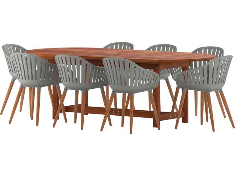 International Home Miami Amazonia Hungaroring Eucalyptus 9 Piece Outdoor Oval Extendable Dining Set with Grey Chairs