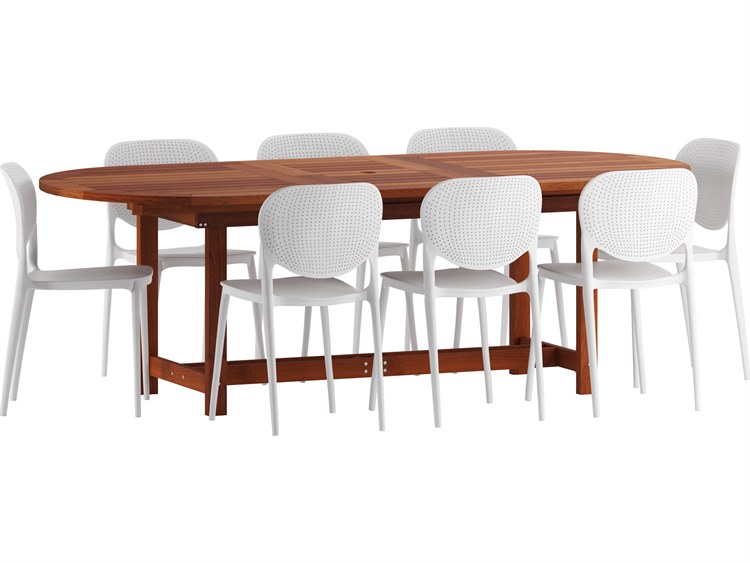 International Home Miami Amazonia Hungaroring Eucalyptus 9 Piece Outdoor Oval Extendable Dining Set with White Plastic Chairs