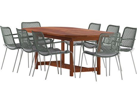 International Home Miami Amazonia Hungaroring Eucalyptus 9 Piece Outdoor Oval Extendable Dining Set with Grey Plastic Chairs