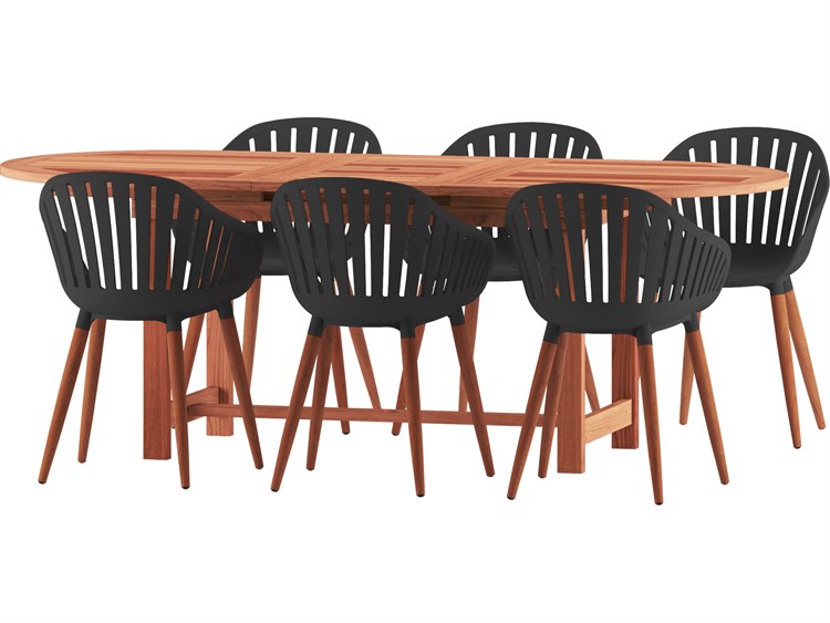 International Home Miami Amazonia Francorchamps Eucalyptus 7 Piece Outdoor Oval Extendable Dining Set with Black Chairs