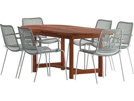 International Home Miami Amazonia Francorchamps Eucalyptus 7 Piece Outdoor Oval Extendable Dining Set with Grey Plastic Chairs