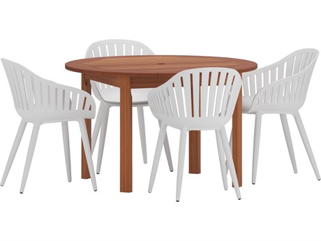 International Home Miami Amazonia Monza Eucalyptus 5 Piece Outdoor Round dining set with White aluminum legs chairs