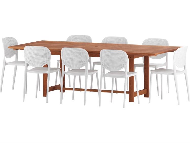International Home Miami Amazonia Yas Eucalyptus 9 Piece Outdoor Extendable Rectangular Dining Set with White Plastic Chairs