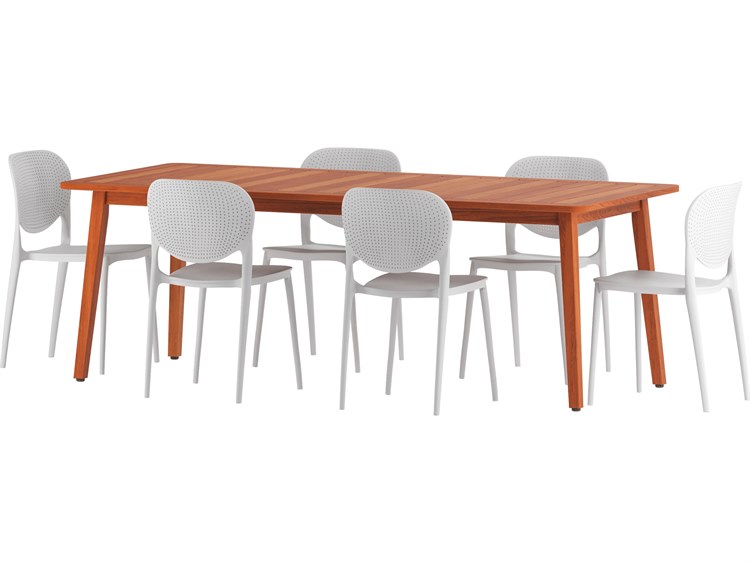 International Home Miami Amazonia Pace Eucalyptus 7 Piece Outdoor Rectangular Dining Set with White Plastic Chairs