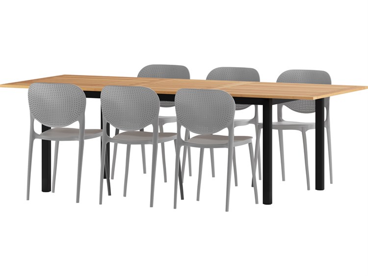 International Home Miami Amazonia Hunt Eucalyptus 7 Piece Outdoor Extendable Dining Set with Grey Plastic Chairs