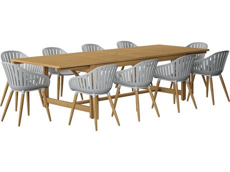 International Home Miami Amazonia Interlagos Teak Finish 11 Piece Outdoor Rectangular Extendable dining set with Grey chairs